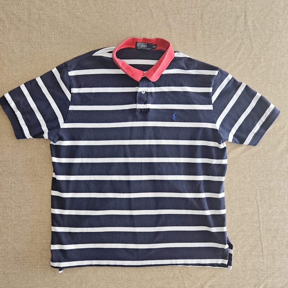 Polo by Ralph Lauren Navy and White Striped Shirt with Red Collar